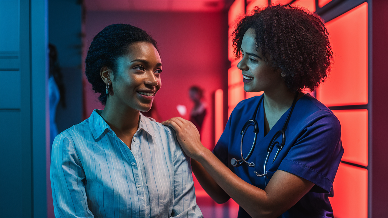 A nurse comforting a patient, smiling in a room with red backlights.