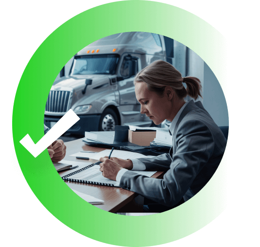 A woman wearing a gray blazer sitting at a desk, jotting something down. A large gray truck is in the background.