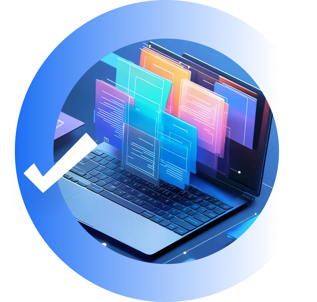 Laptop with floating digital documents inside a blue circle with a checkmark.