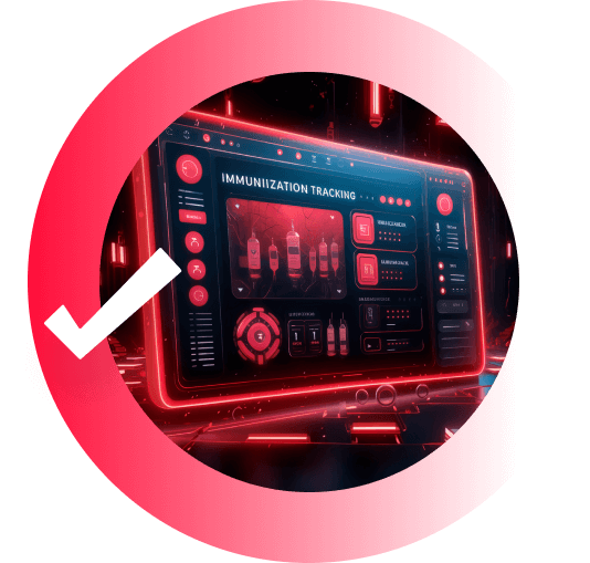 Futuristic tech display of immunization tracking with a cool blue background and red accent cards.