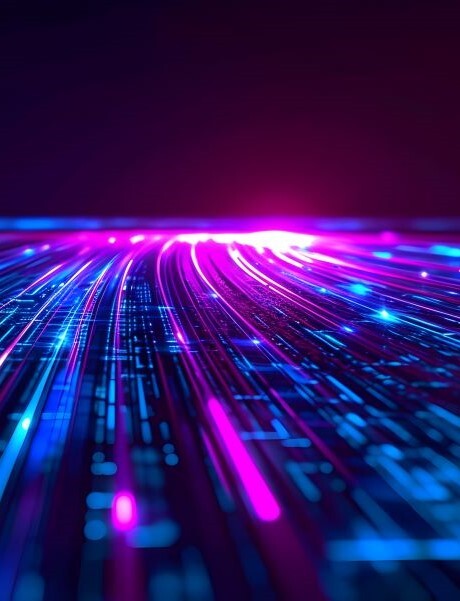 abstract digital lines of neon blue and pink light streaming across a futuristic surface
