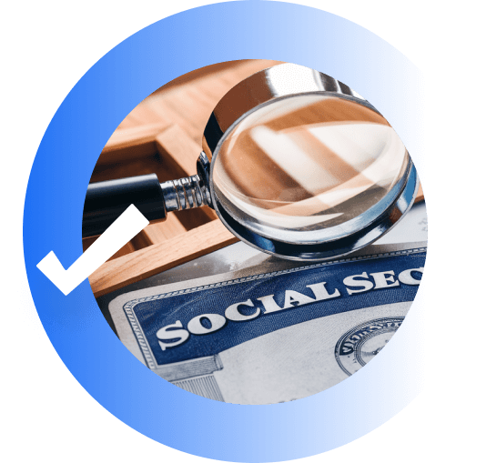 Magnifying glass examining a Social Security card, shown within a blue circular graphic with a white checkmark.