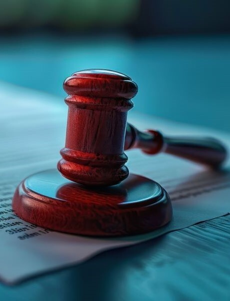 wooden judges gavel resting on legal documents on a desk