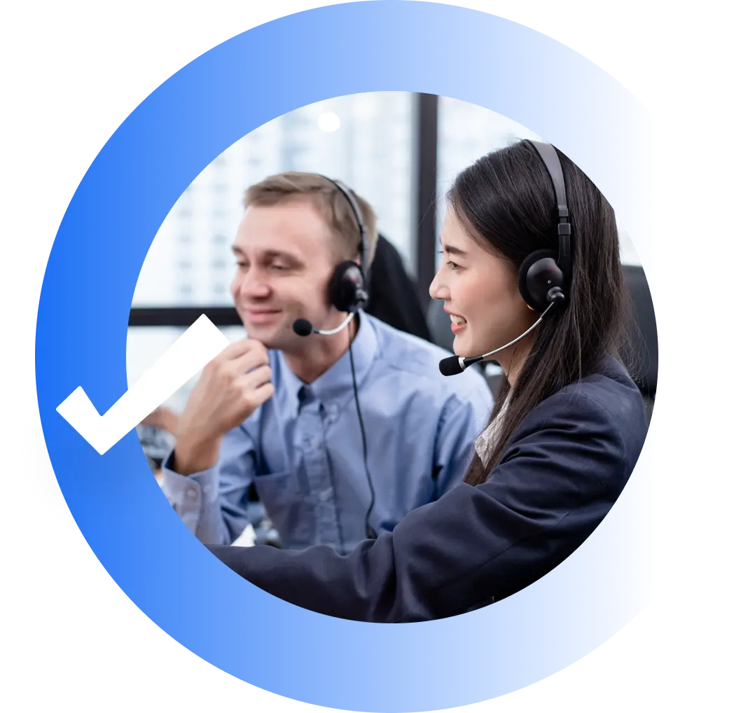 Customer service team wearing headsets inside a blue circle with a checkmark.