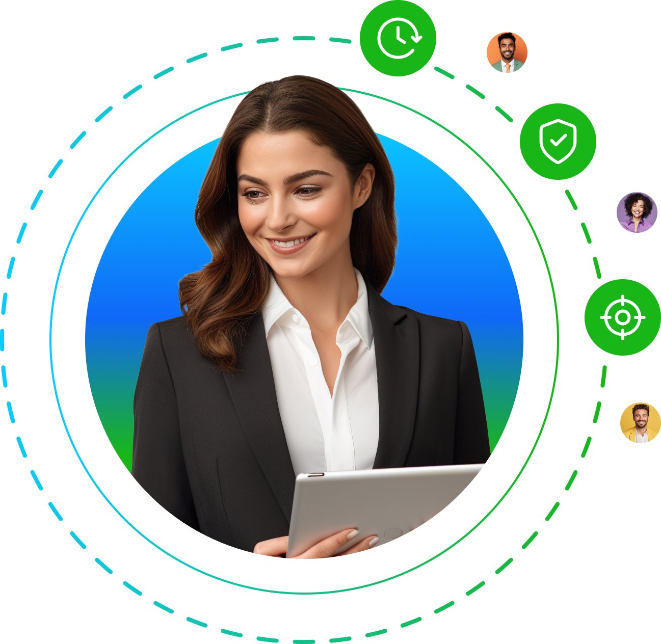 A woman in a business suit smiling against a blue and green background with a time icon, shield icon, and target icon surrounding her in an illustrated circle.