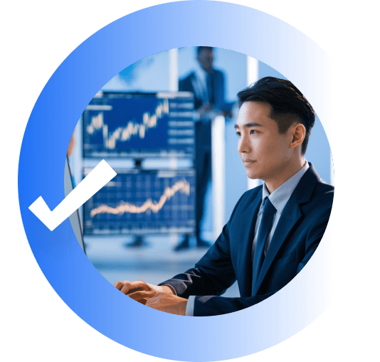 Man analyzing financial charts inside a blue circle with a checkmark.
