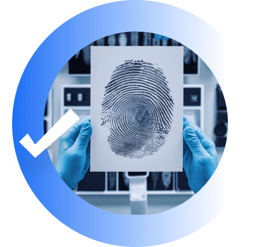 Gloved hands holding a fingerprint sheet in a forensics or identification lab, framed inside a blue circular graphic with a white checkmark.