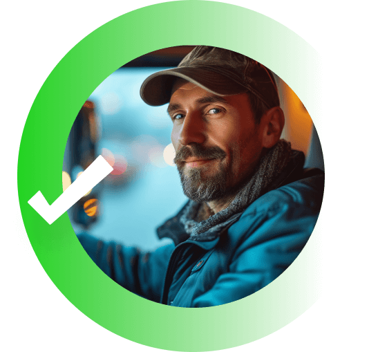 smiling driver wearing a cap inside a green circle with a checkmark
