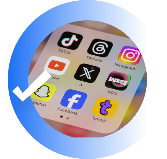 social media app icons displayed on a smartphone screen inside a blue circle with a checkmark