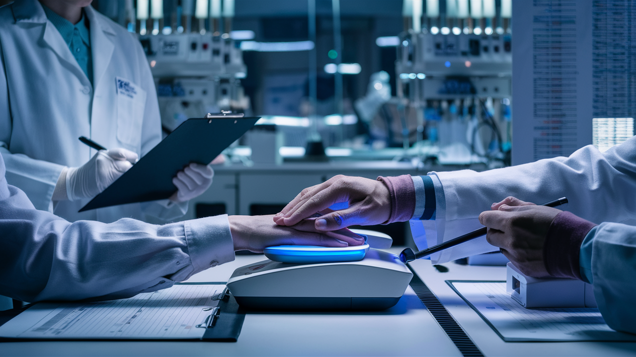 Technicians conducting a biometric hand scan in a laboratory while recording data on clipboards