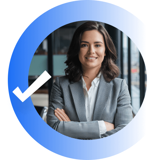 confident business professional smiling with arms crossed inside a blue circle with a checkmark