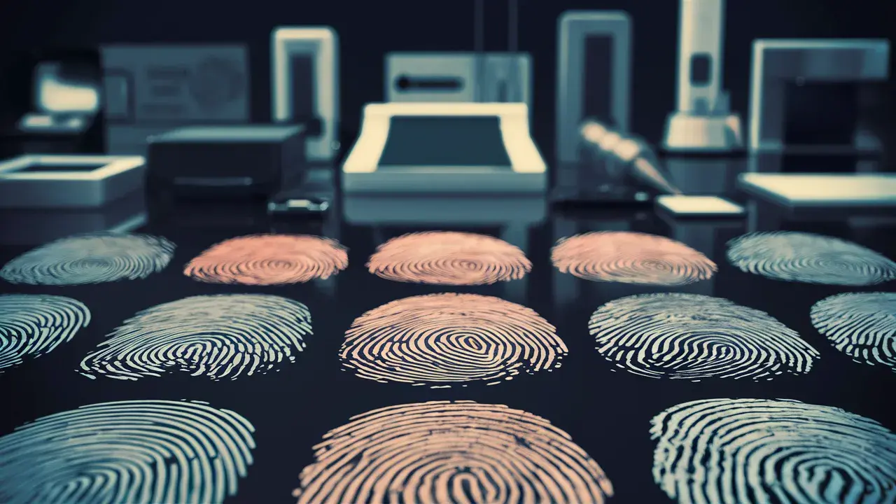 Fingerprint samples laid out on a lab table with forensic analysis equipment in the background